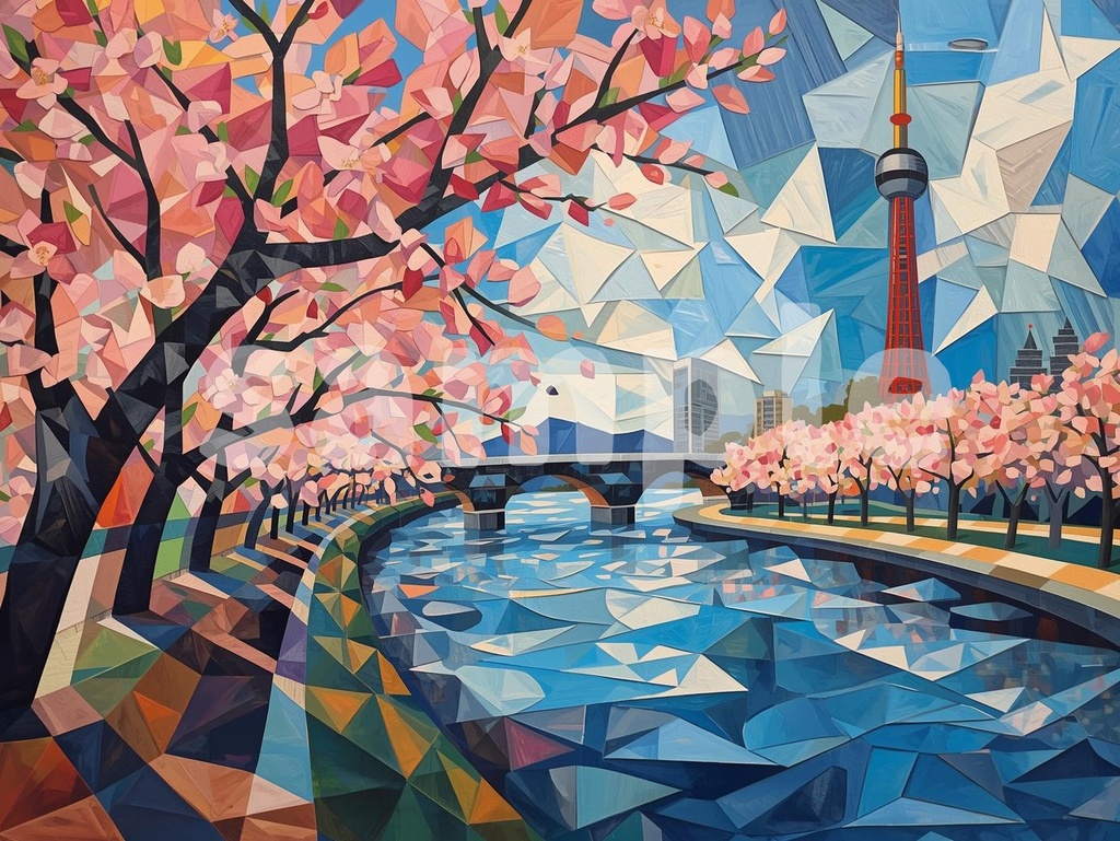 🌸 油絵風|満開の桜と隅田川・スカイツリーを描いた春の風景アート3(JPG) 🎨