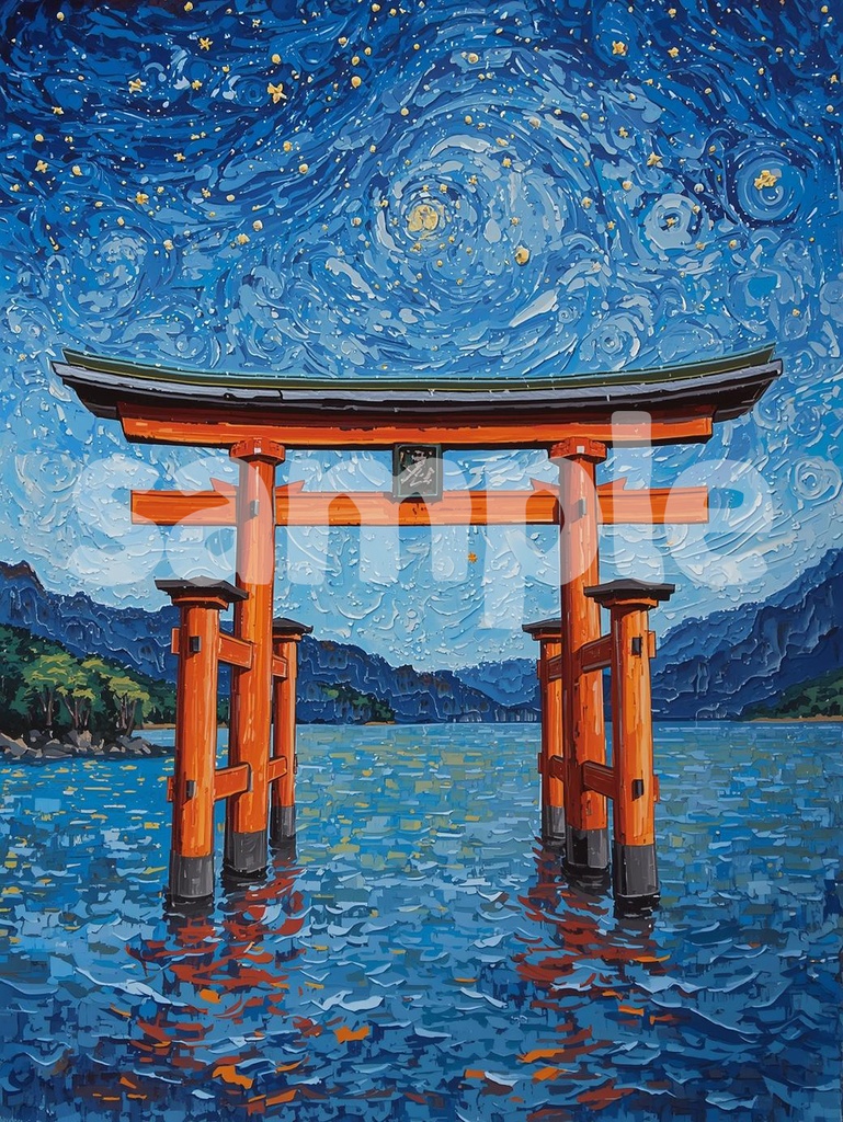 🖌️ ゴッホ風油絵タッチの厳島神社鳥居 ― 和と西洋のアート融合1(JPG) ✨
