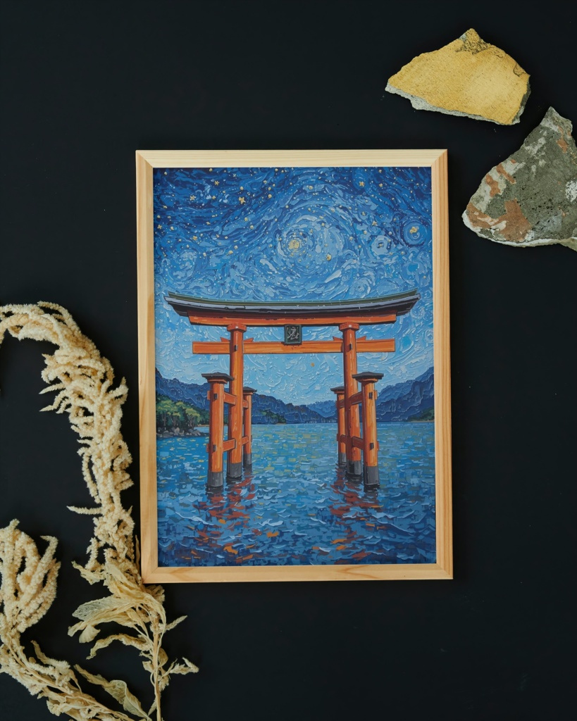 🖌️ ゴッホ風油絵タッチの厳島神社鳥居 ― 和と西洋のアート融合1（JPG） ✨