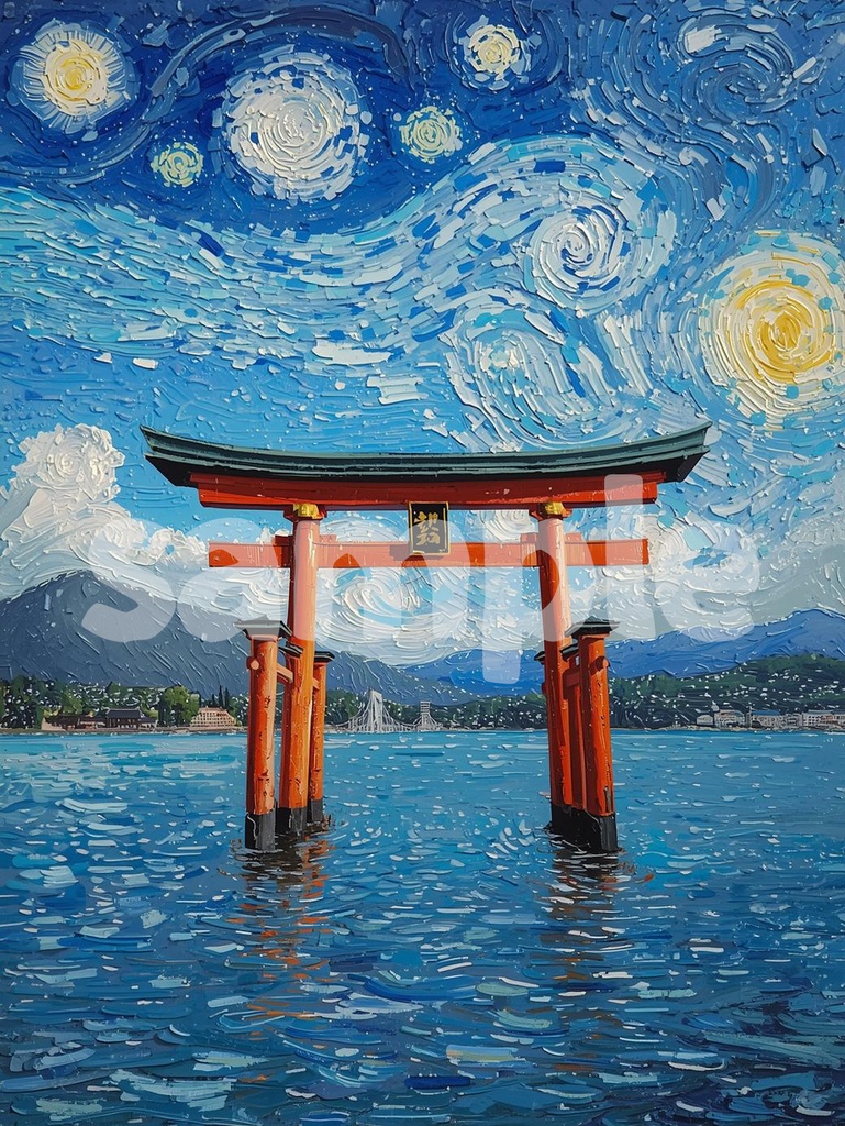 🖌️ ゴッホ風油絵タッチの厳島神社鳥居 ― 和と西洋のアート融合(JPG)2 ✨