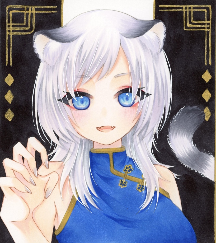 ミニ色紙　白豹　原画