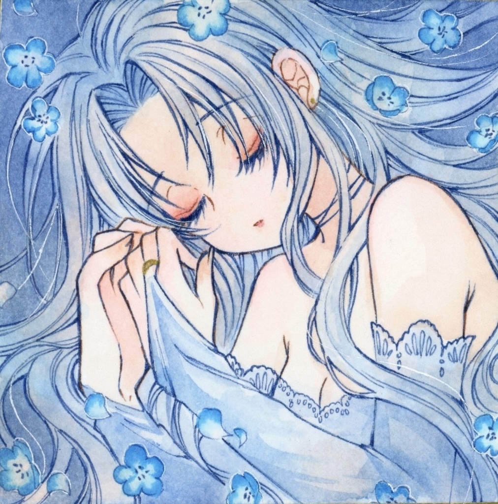 手描きイラスト オリジナル ネモフィラ 豆色紙