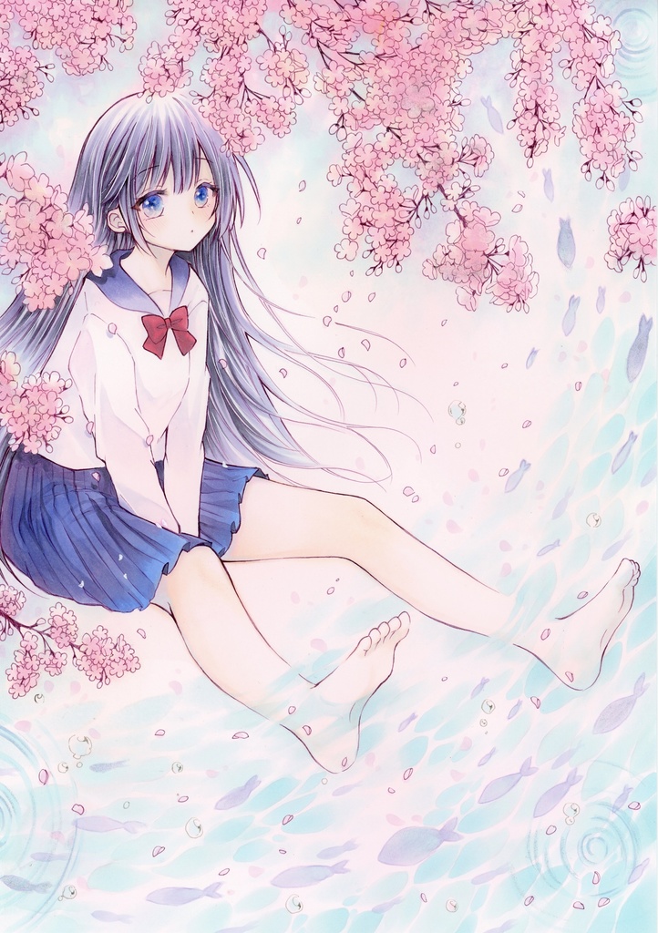 A4手描きイラスト オリジナル 春を揺蕩う魚  原画