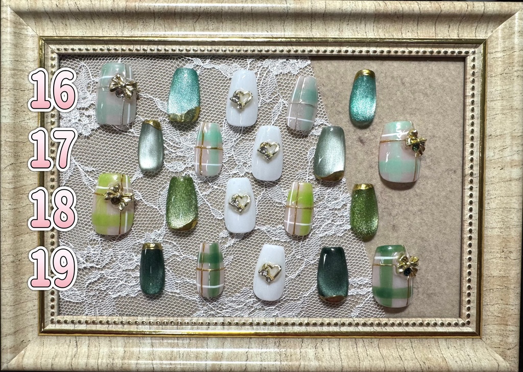 ネイルチップ【チェック×リボン】コフィン型 Lサイズ