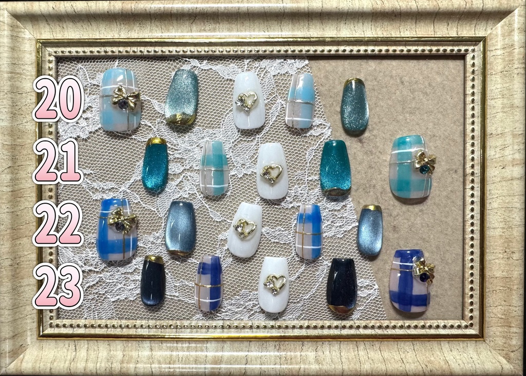 ネイルチップ【チェック×リボン】コフィン型 Lサイズ