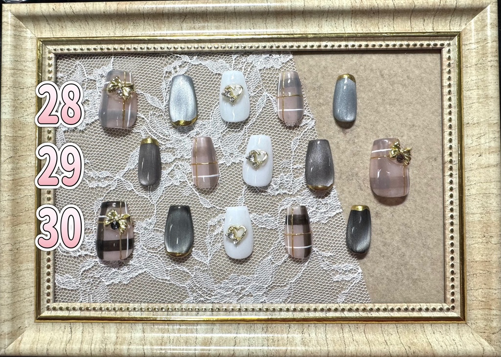 ネイルチップ【チェック×リボン】コフィン型 Lサイズ