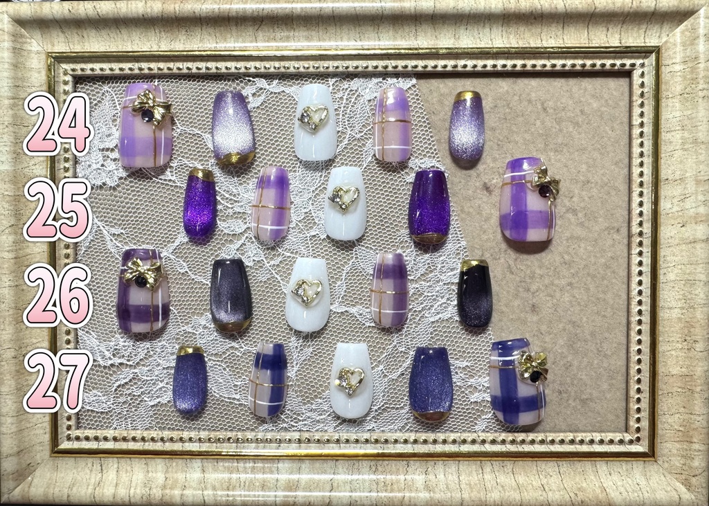 ネイルチップ【チェック×リボン】コフィン型 Lサイズ