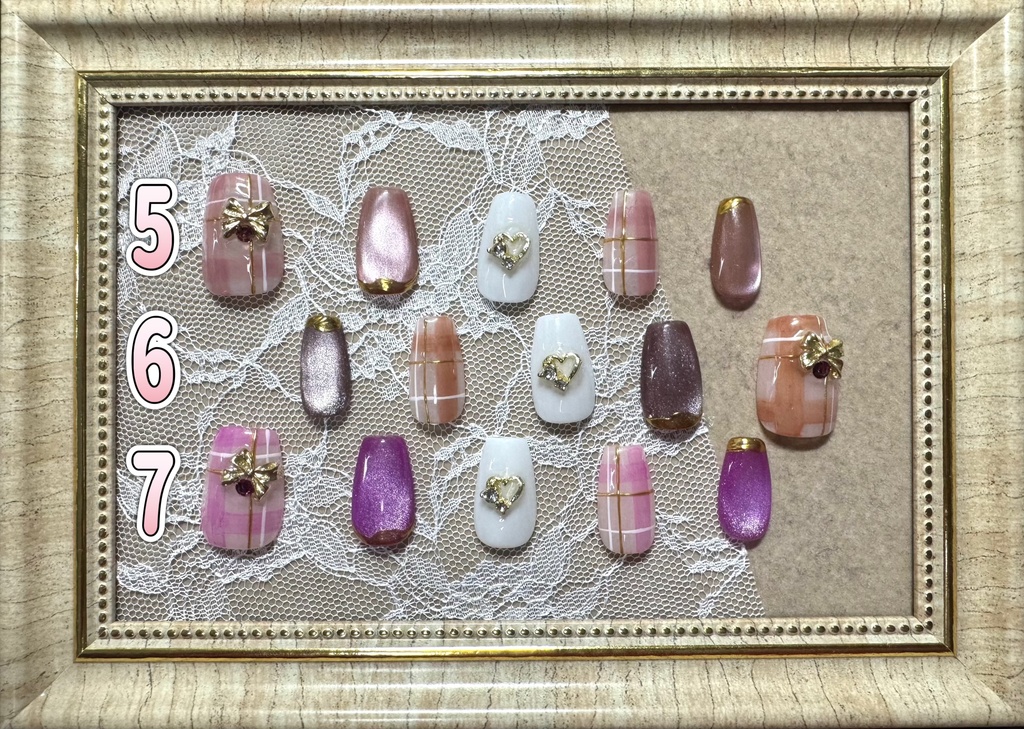 ネイルチップ【チェック×リボン】コフィン型 Lサイズ