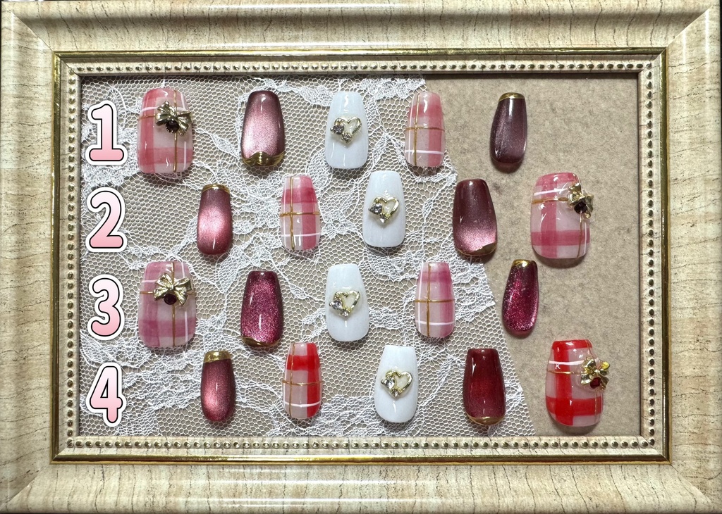 ネイルチップ【チェック×リボン】コフィン型