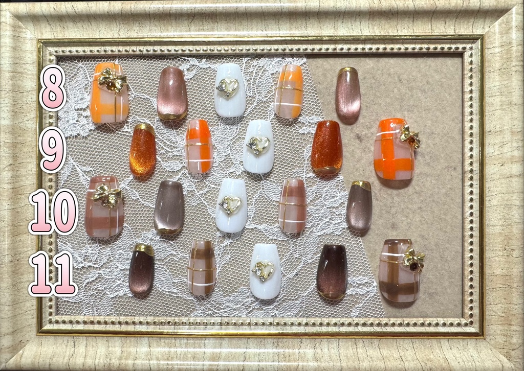 ネイルチップ【チェック×リボン】コフィン型 Lサイズ