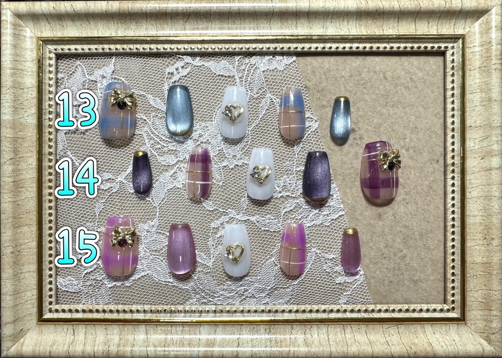 ネイルチップ【チェック×リボン】 コフィン型 Mサイズ