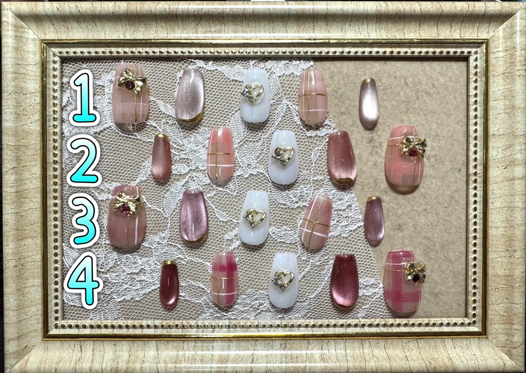 ネイルチップ【チェック×リボン】 コフィン型  Mサイズ