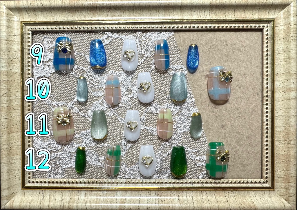 ネイルチップ【チェック×リボン】 コフィン型 Mサイズ