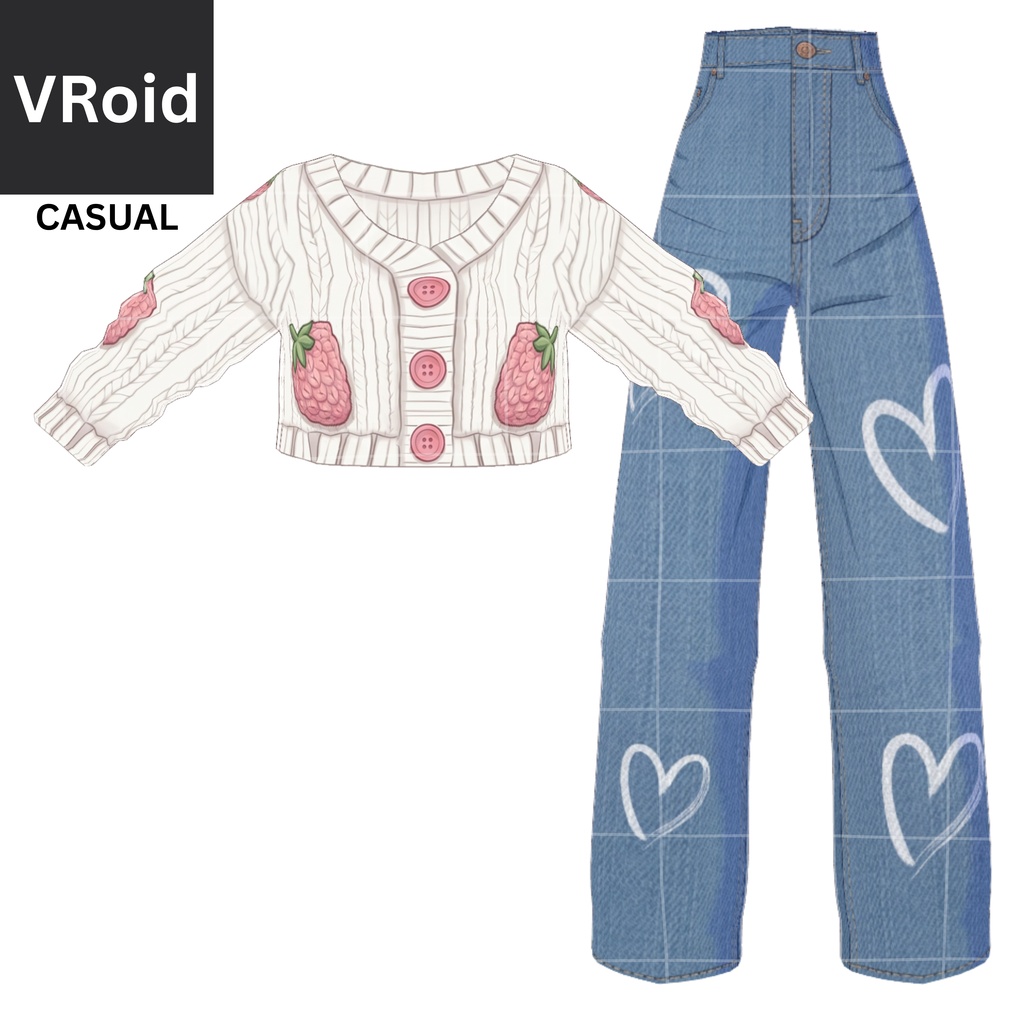 22 - STRAWBERRY SWEATER + HEART DENIM | Vroid | Vtuber Asset