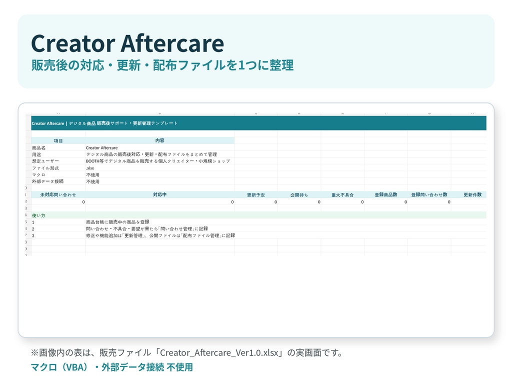 Creator Aftercare｜デジタル商品 販売後サポート・更新管理テンプレート