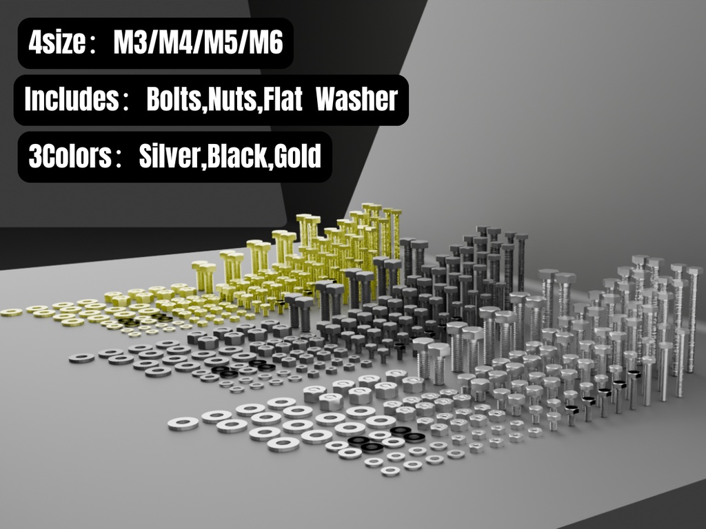 【Unity対応/マテリアル設定済み 3色】ボルト・ナット総合パック M3-M6（座金同梱） / [Low-Poly] Bolt & Nut Metric Mega Pack (Unitypackage/FBX)