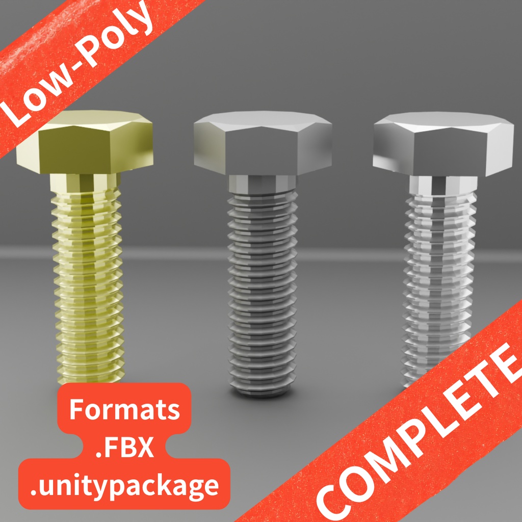 【Unity対応/マテリアル設定済み 3色】ボルト・ナット総合パック M3-M6（座金同梱） / [Low-Poly] Bolt & Nut complete Pack (Unitypackage/FBX)