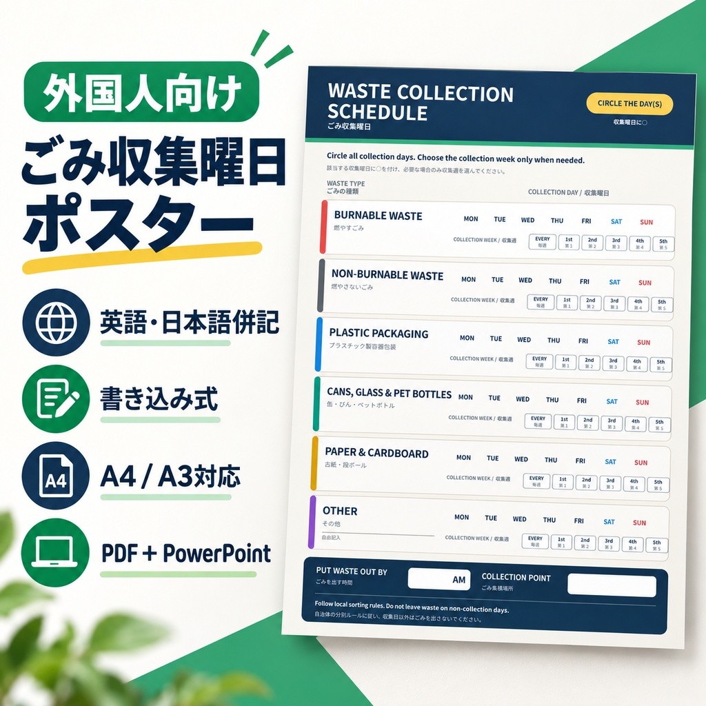 外国人向け ごみ収集曜日ポスター|英語・日本語併記|書き込み式|A4・A3対応