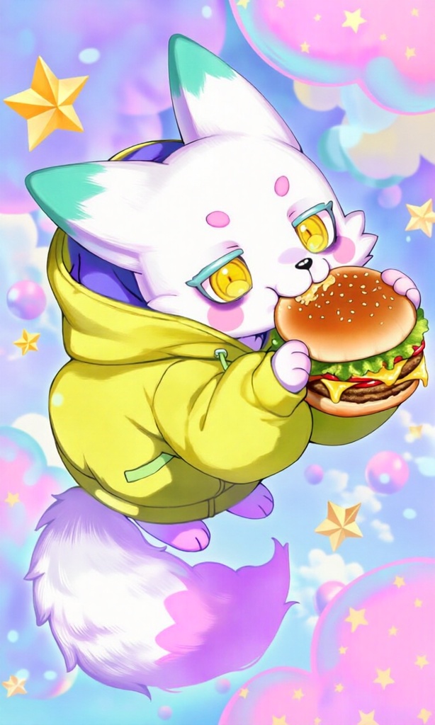 【著作権フリーの豪華3枚セット】ハンバーガーを食べるゆめふわ狐