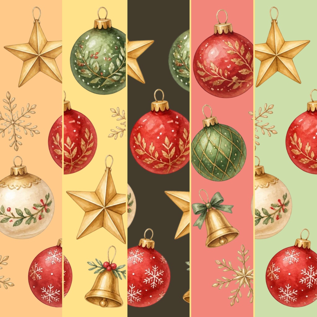 【クリスマスデジタルペーパー】レトロかわいいオーナメント&サンタ柄|背景素材・ラッピング・コラージュ