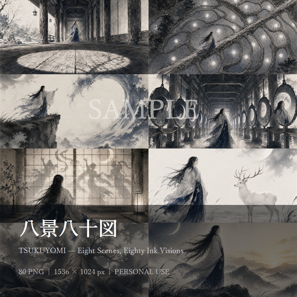 月読命「八景八十図」水墨画風デジタルアート全80点｜PNG壁紙・個人利用