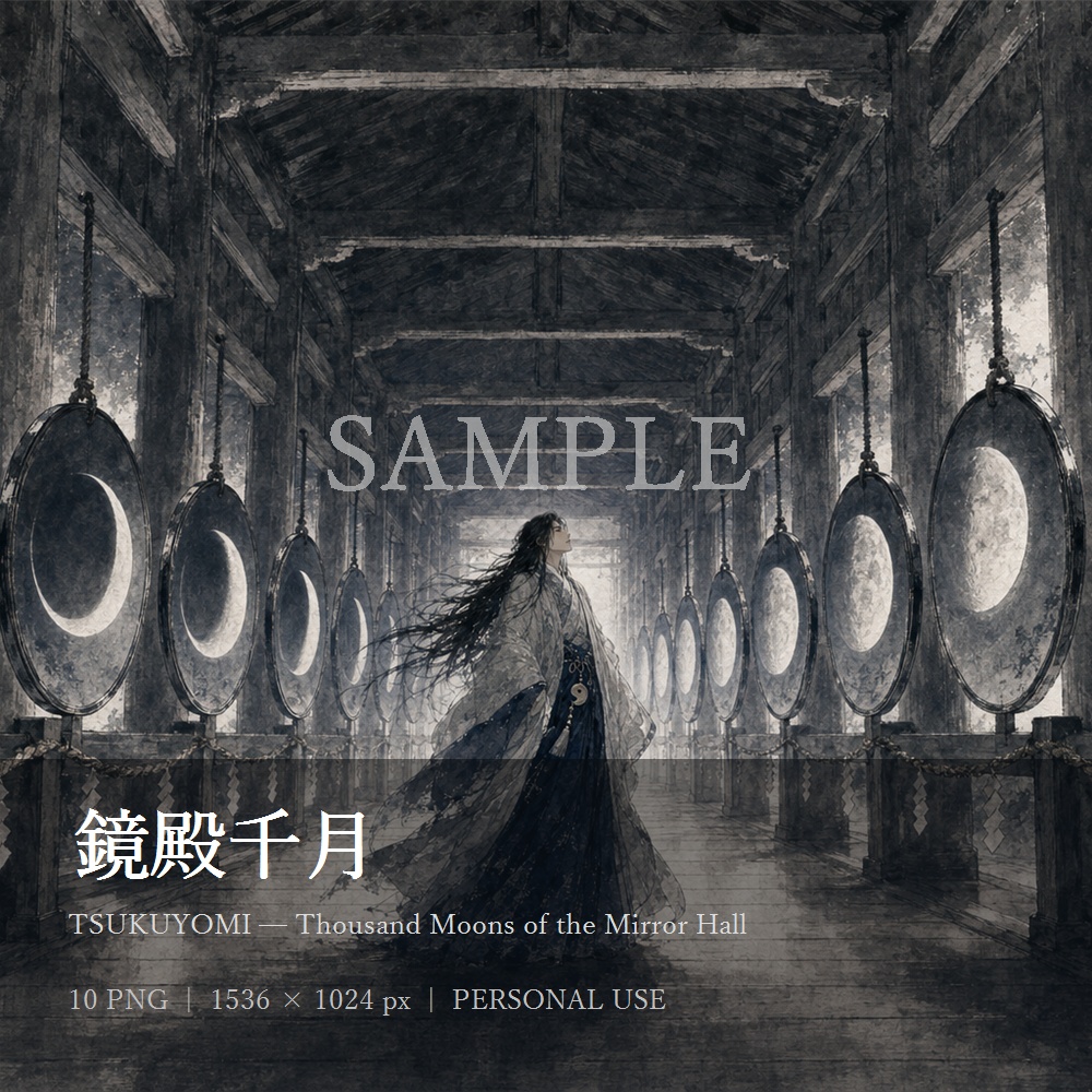 月読命「鏡殿千月」水墨画風デジタルアート10点｜PNG壁紙・個人利用