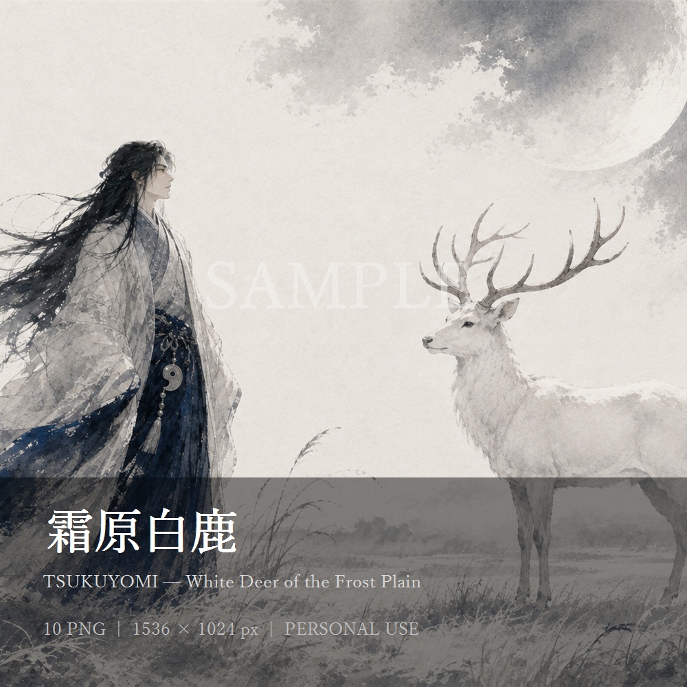月読命「霜原白鹿」水墨画風デジタルアート10点｜PNG壁紙・個人利用