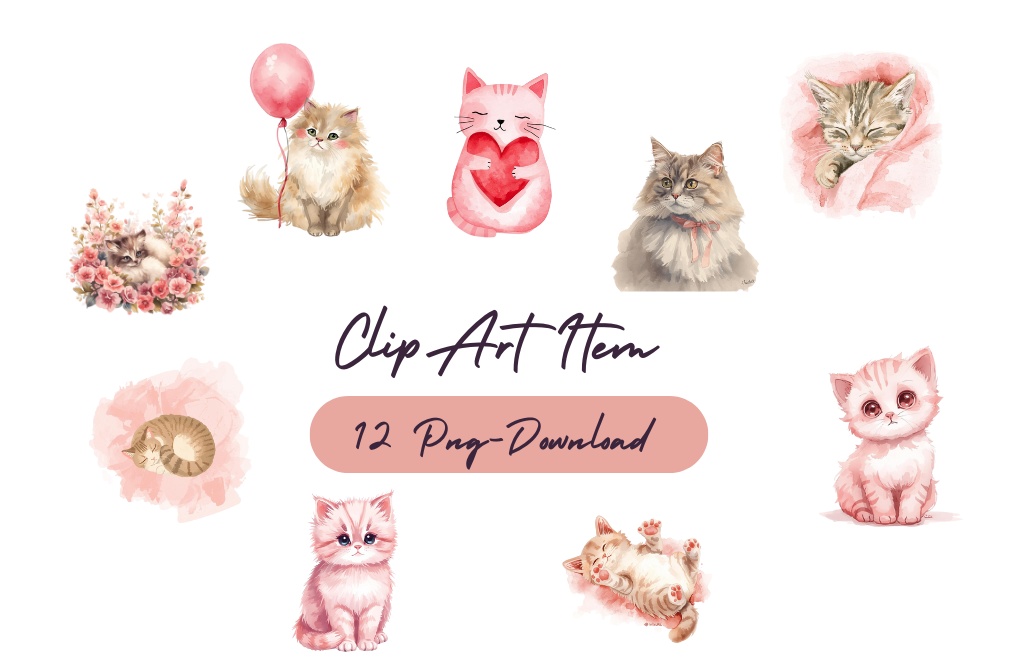【水彩画】ピンクの可愛い猫クリップアート 10種セット（PNG透過）