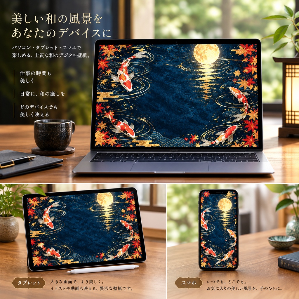 錦鯉の和風デジタルペーパー|「月夜水庭(和柄)」|3枚セット(3種類)