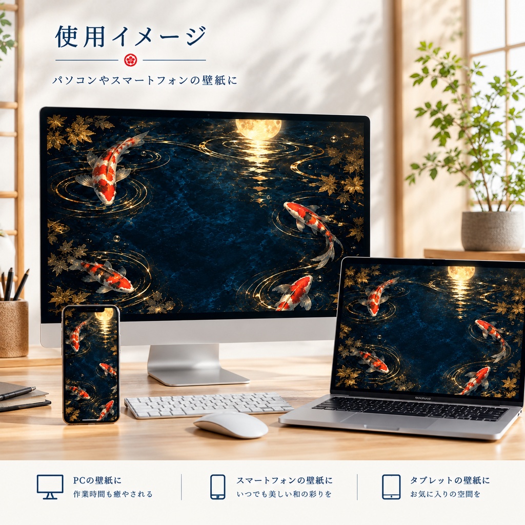 錦鯉の和風デジタルペーパー|「月夜水庭」|3枚セット(3種類)