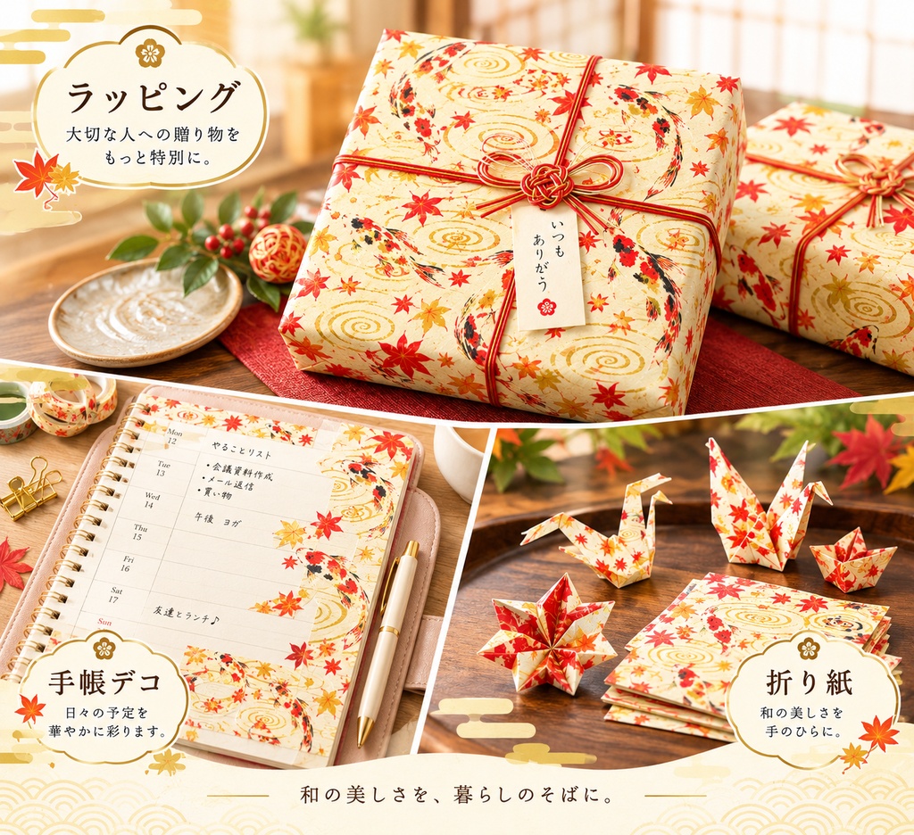 錦鯉の和風デジタルペーパー|秋「錦鯉×水紋×もみじ」|錦鯉色違い3枚セット(3種類)