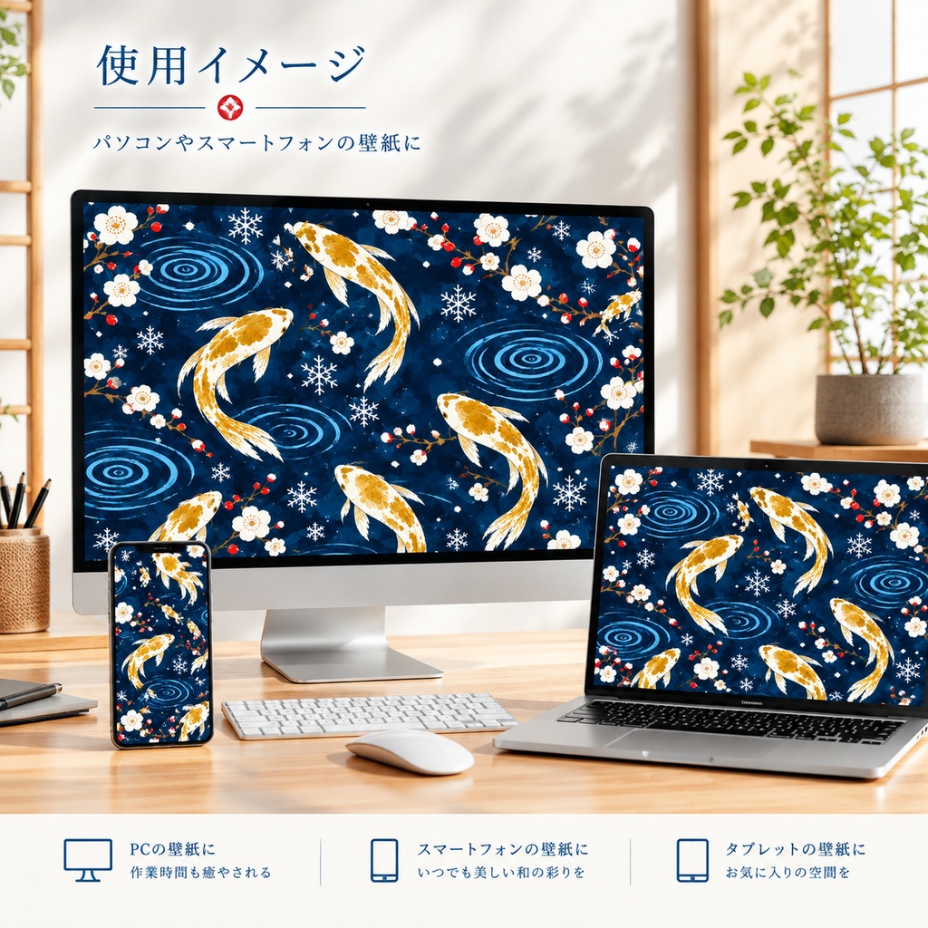 錦鯉の和風デジタルペーパー|冬「錦鯉×水紋×寒椿」|錦鯉色違い3枚セット(3種類)