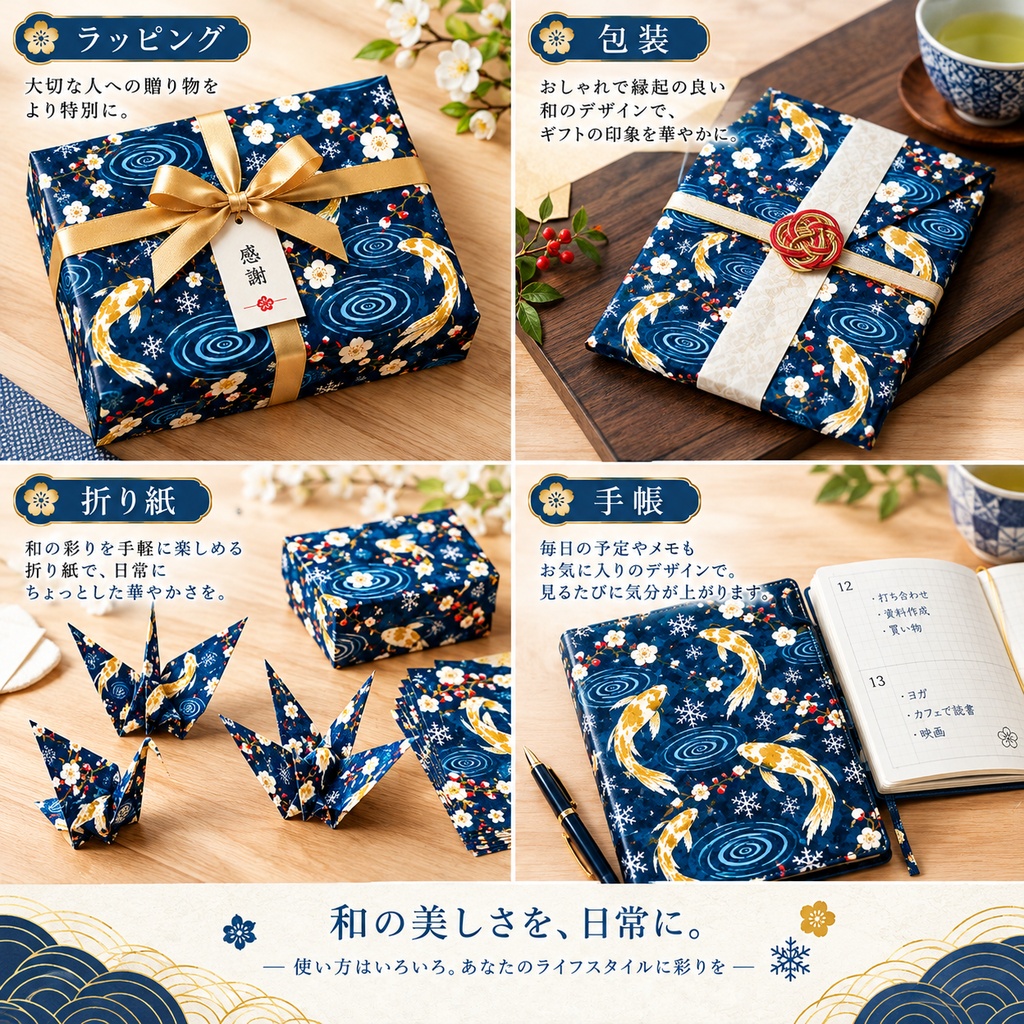 錦鯉の和風デジタルペーパー|冬「錦鯉×水紋×寒椿」|錦鯉色違い3枚セット(3種類)