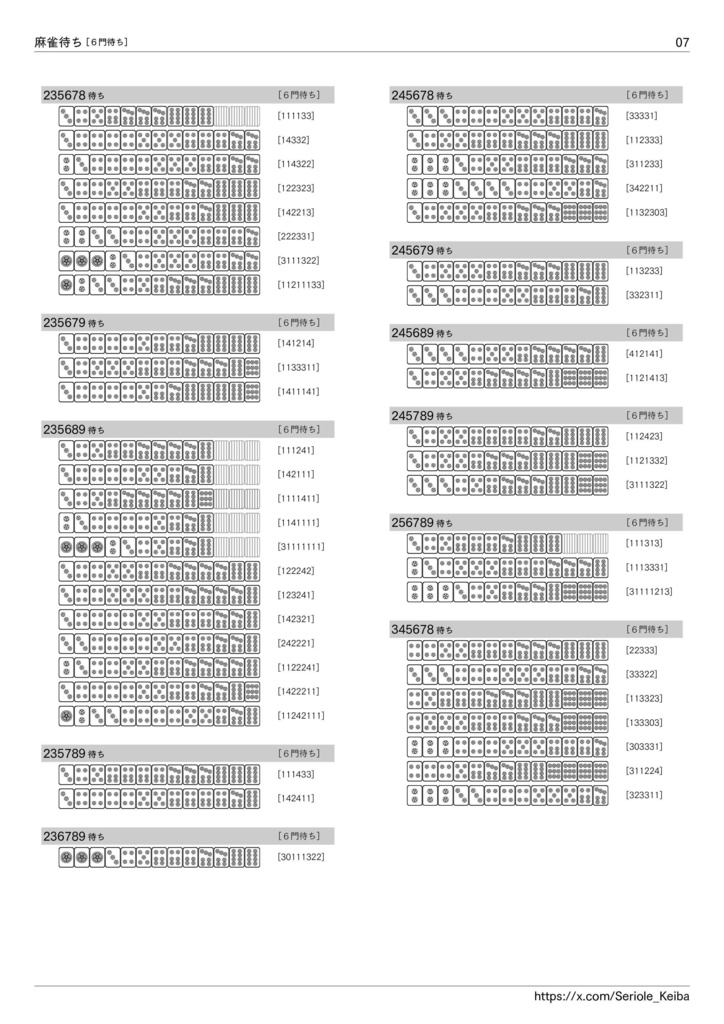 逆引き 麻雀待ち一覧