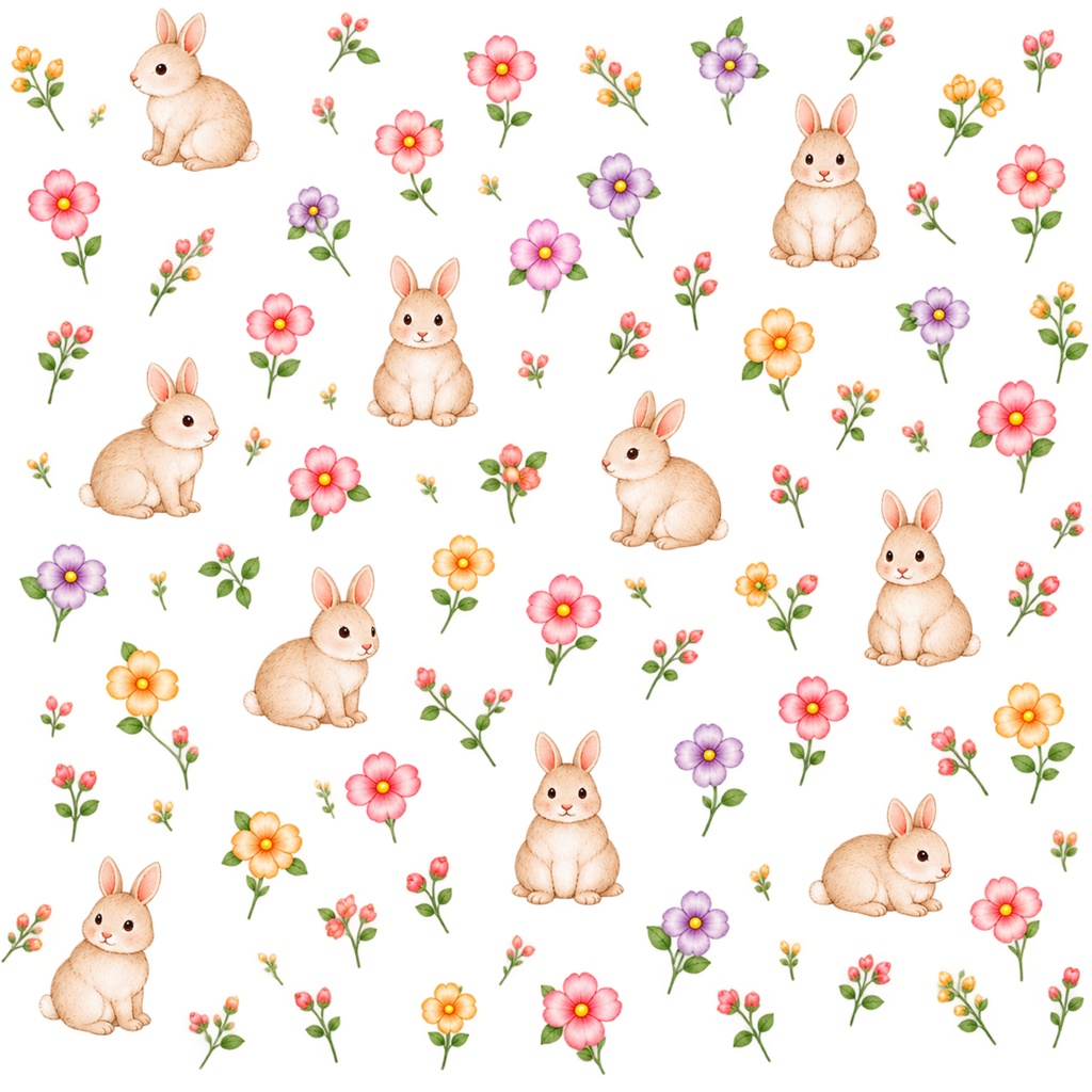ウサギと小花のデジタルペーパー 6色セット|花柄・パステルカラー
