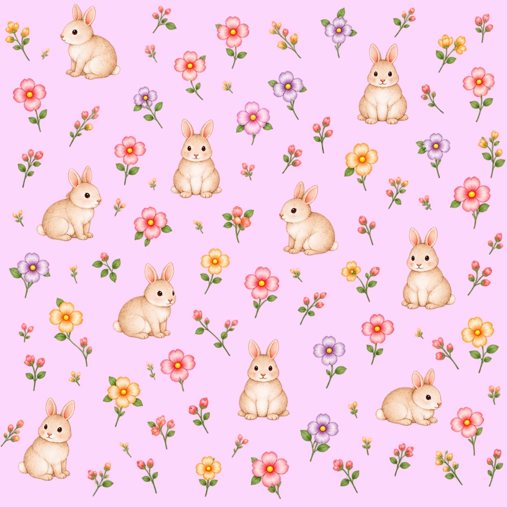 ウサギと小花のデジタルペーパー 6色セット|花柄・パステルカラー