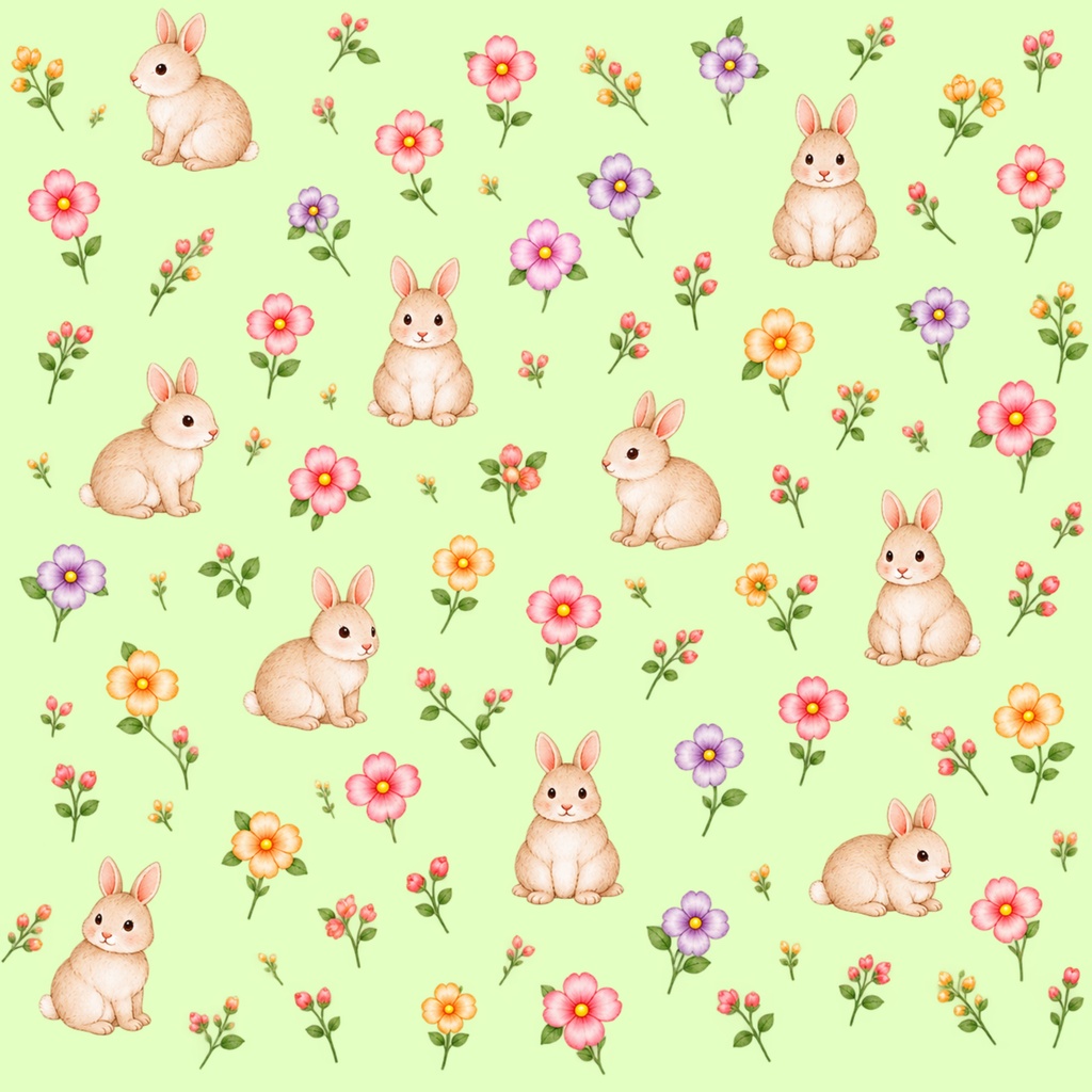 ウサギと小花のデジタルペーパー 6色セット|花柄・パステルカラー