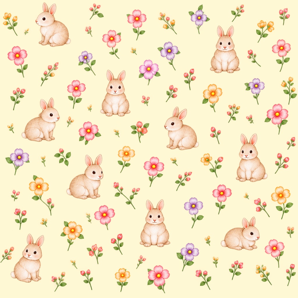 ウサギと小花のデジタルペーパー 6色セット|花柄・パステルカラー