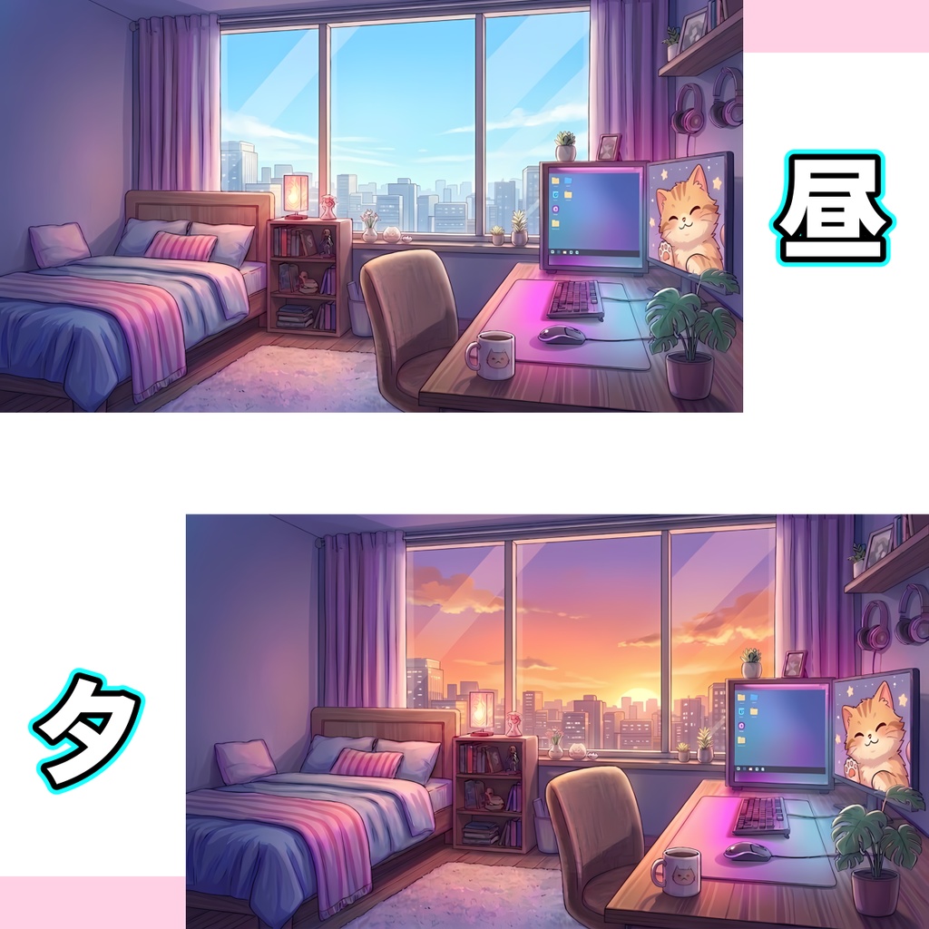 【アニメーション&4K背景4種&文字】配信待機画面セット 〜お部屋〜