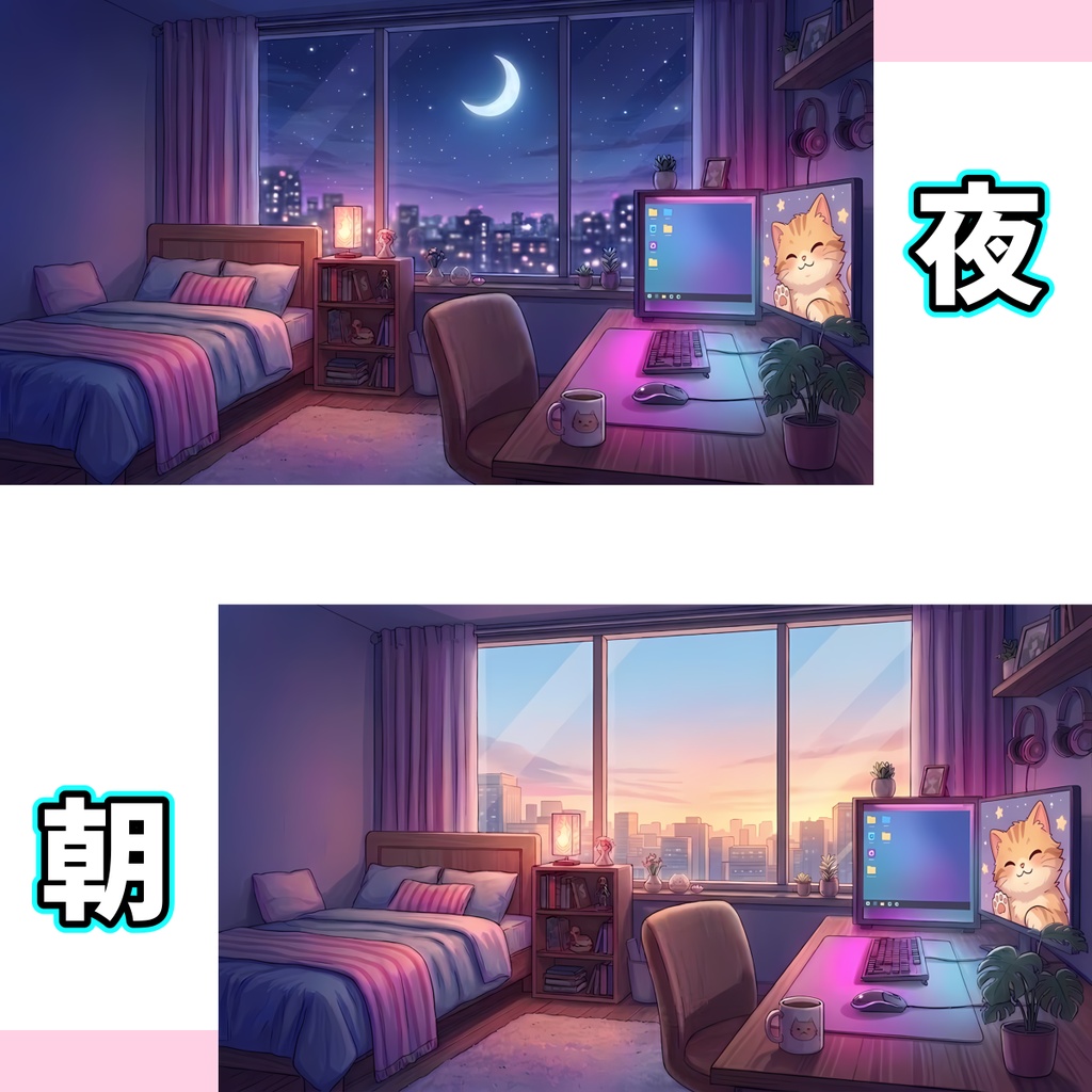 【アニメーション&4K背景4種&文字】配信待機画面セット 〜お部屋〜
