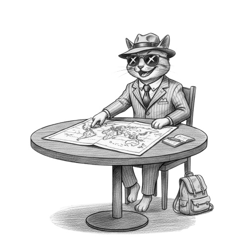 【トラベルキャット】木炭スケッチ風クリップアート10点セット - PNG背景透過