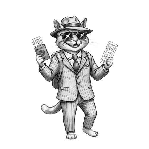 【トラベルキャット】木炭スケッチ風クリップアート10点セット - PNG背景透過