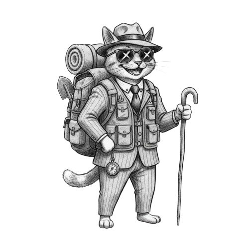 【トラベルキャット】木炭スケッチ風クリップアート10点セット - PNG背景透過