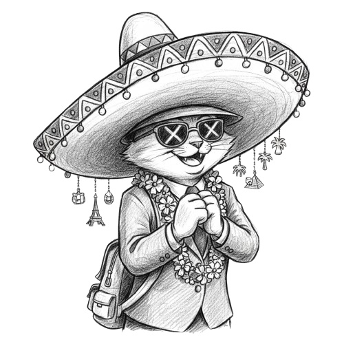 【トラベルキャット】木炭スケッチ風クリップアート10点セット - PNG背景透過