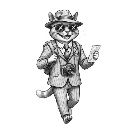 【トラベルキャット】木炭スケッチ風クリップアート10点セット - PNG背景透過