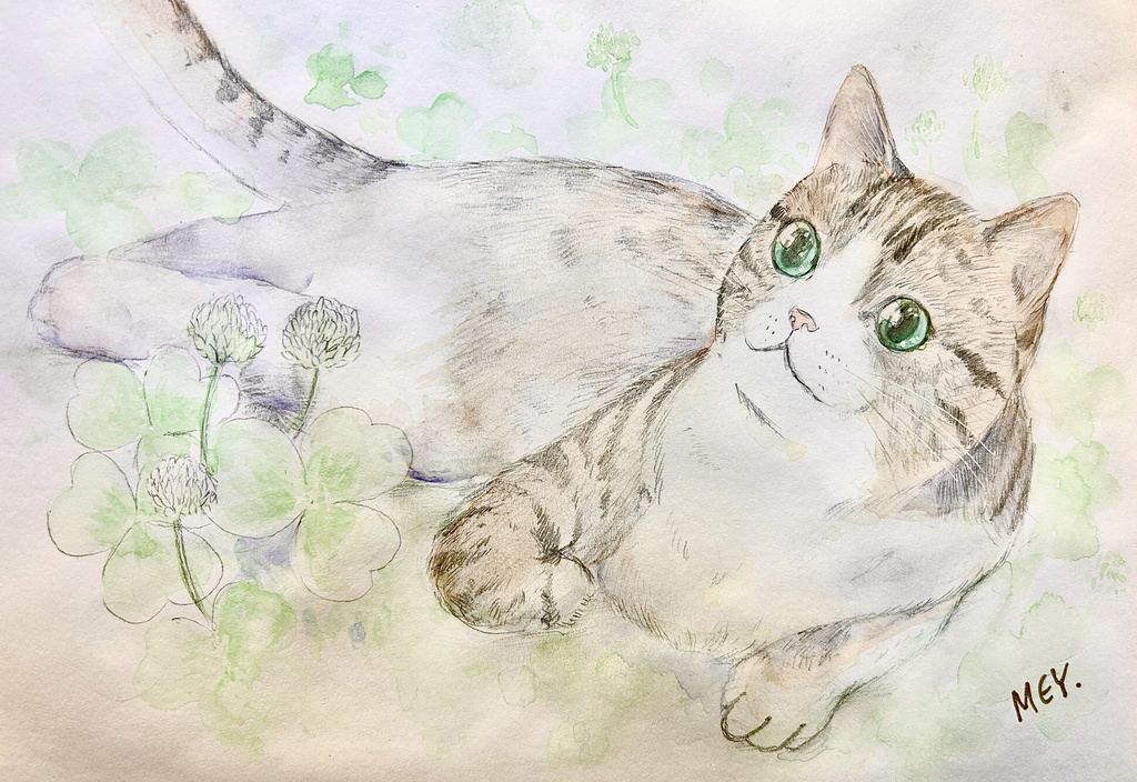 幸せを運ぶシロツメクサと猫の調べ　鉛筆水彩画　原画