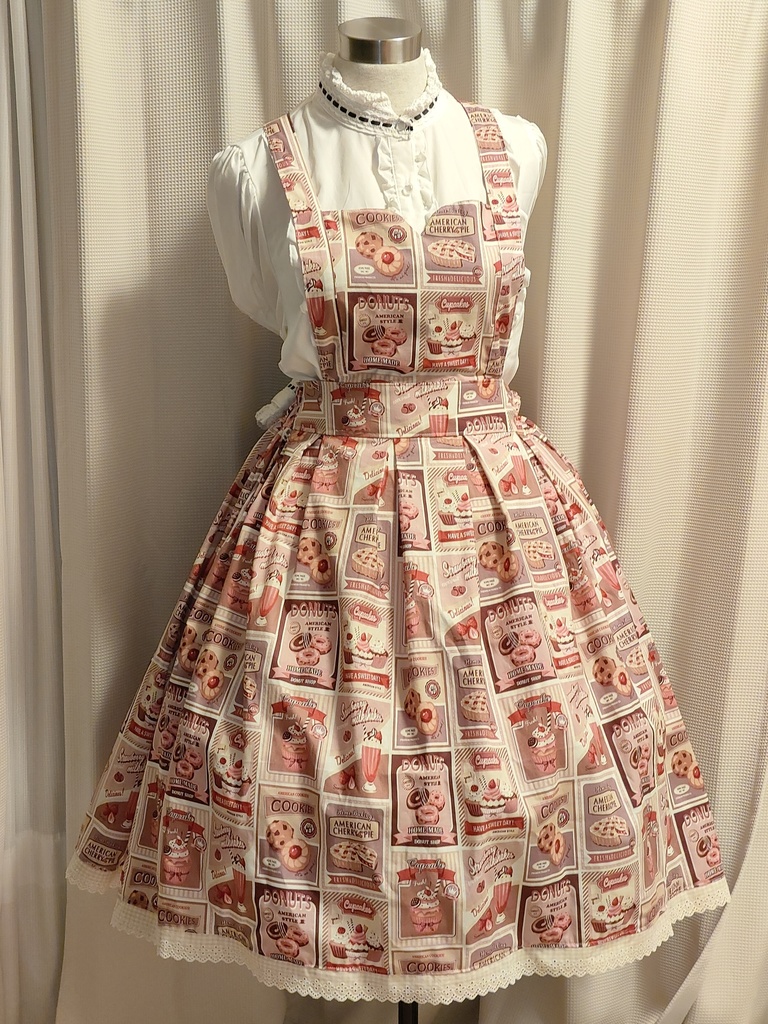 エプロンドレス風JSK(スイーツ柄モカピンク)