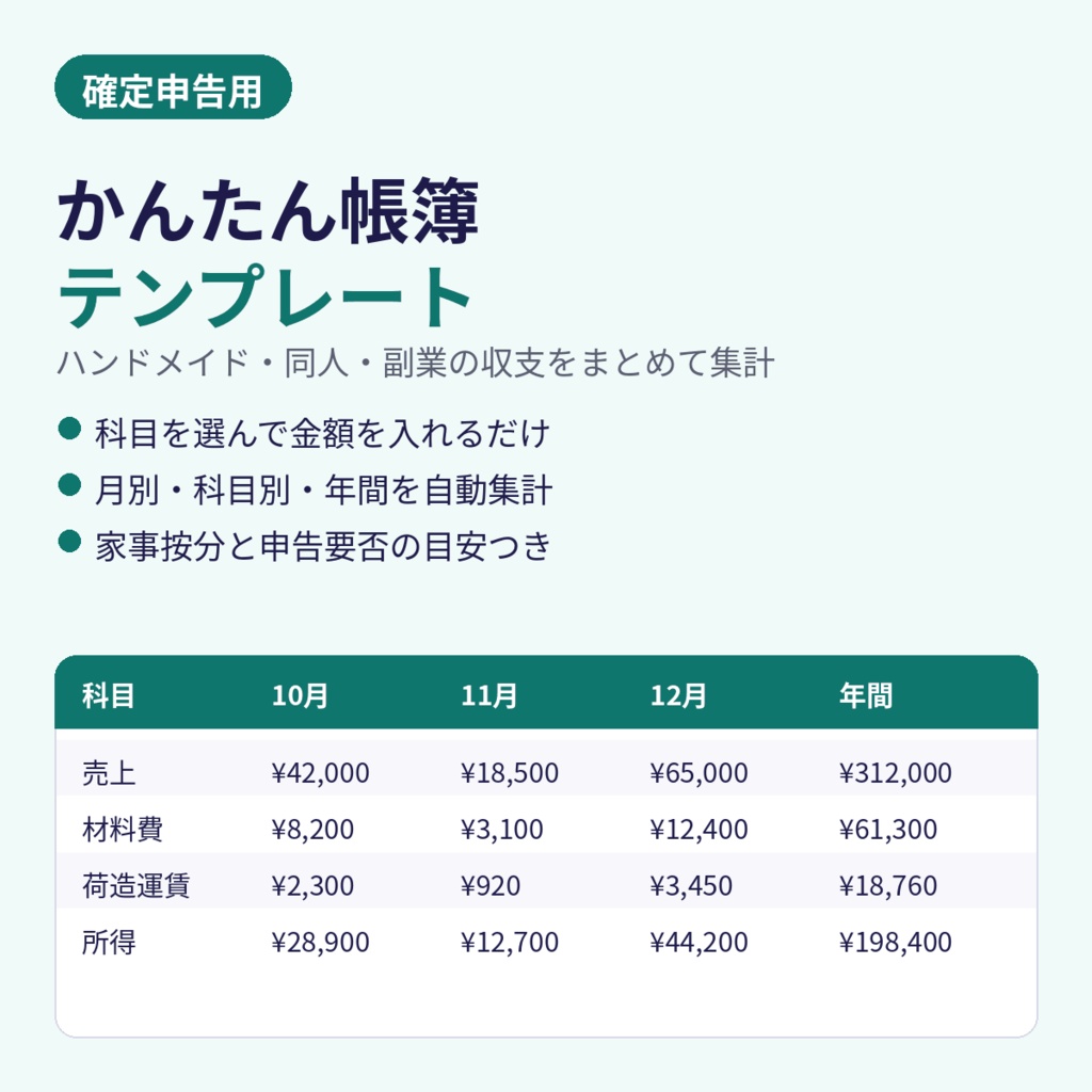 ハンドメイド・同人・副業のかんたん帳簿テンプレート|確定申告用・月別/年間を自動集計【Excel/スプレッドシート】