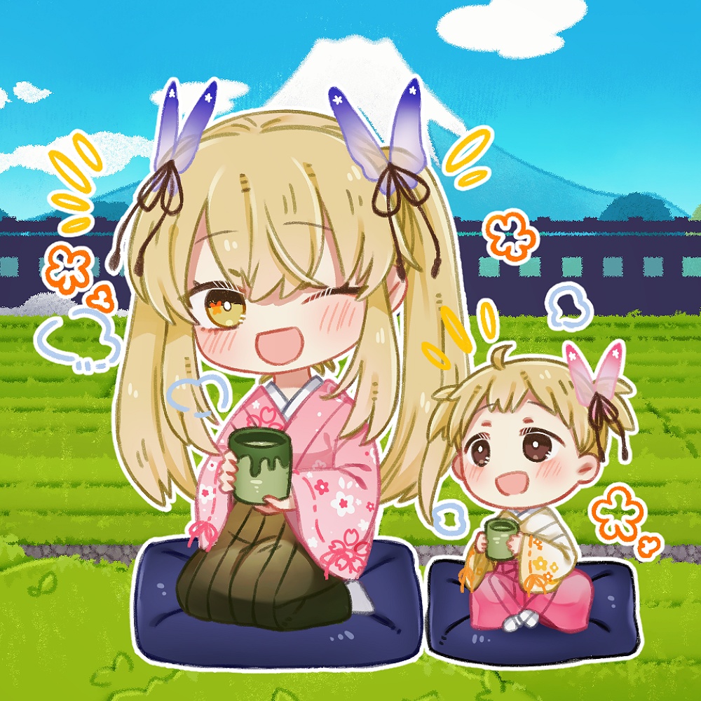 お茶畑に囲まれた花と娘の限定湯呑み 受注生産