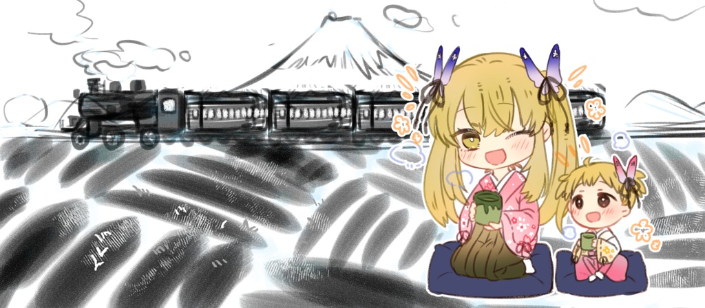 お茶畑に囲まれた花と娘の限定湯呑み 受注生産